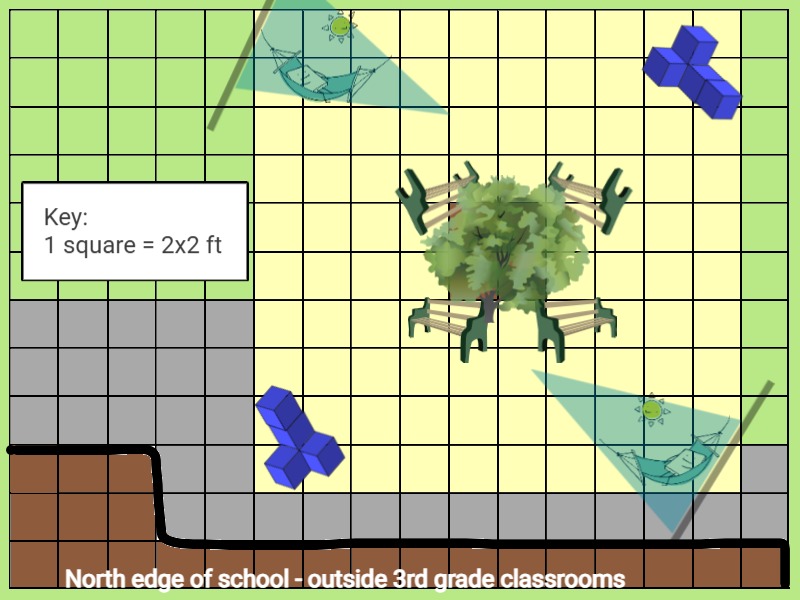 map of playground design with shady area with seating for reading and hanging out